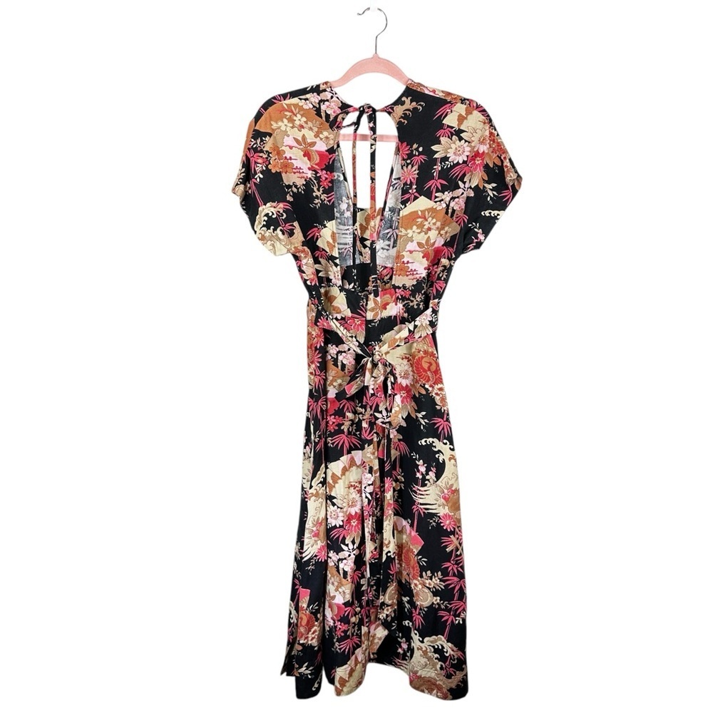 Floral Print Linen Open Back Midi Dress Small prairie cottage earthy‎ neutral - Picture 3 of 11
